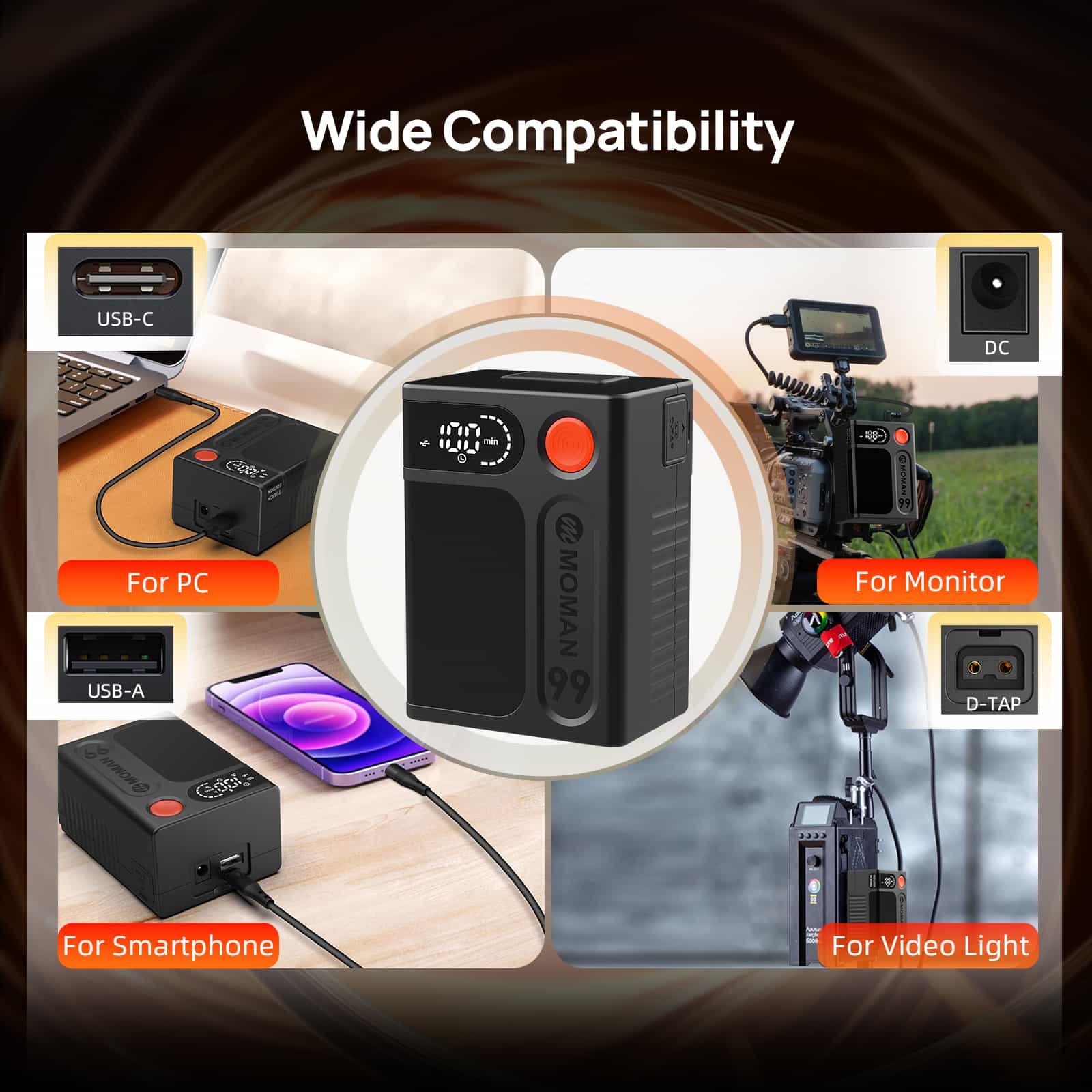 【Extra 20% Off with POBT20】Moman Power 99 Touch 99Wh V-mount Camera Battery with LED Display, D-Tap, DC, USB-A, and USB-C Ports - Image 8
