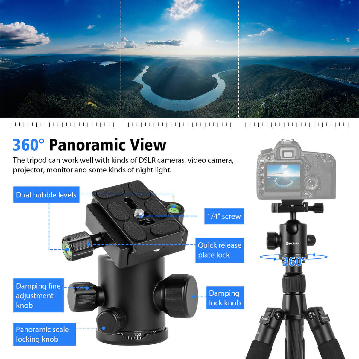 Moman CA70 Best Carbon Fiber Travel Tripod with Central Axis, 15kg Payload - Image 4