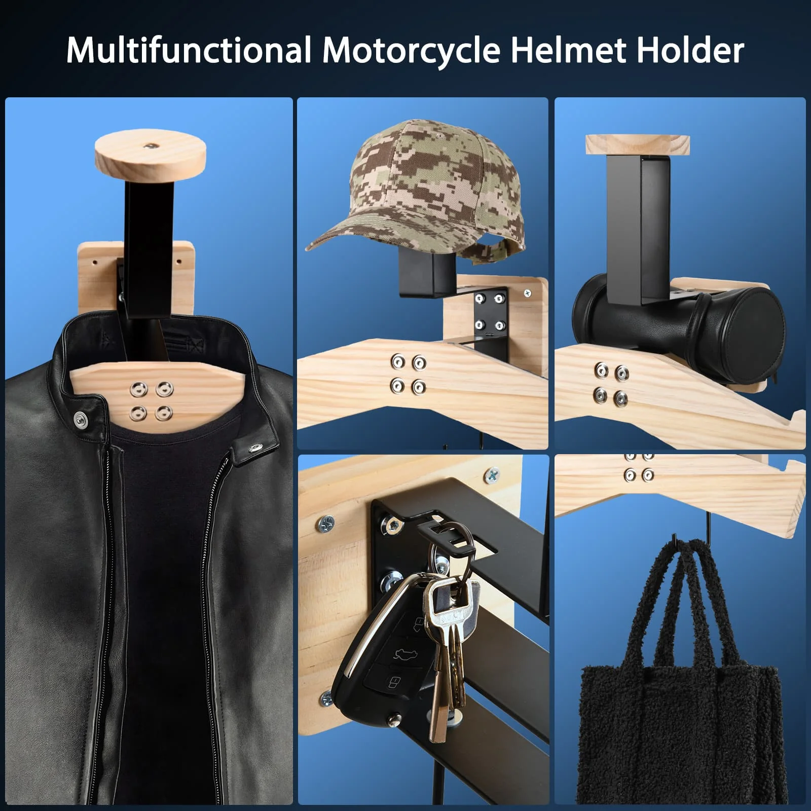 Moman HRW1 Motorcycle Helmet And Jacket Rack, Wall Mounted, Max. Load Capacity of 40kg, Wood and Metal Made, Vertical Storage - Image 3